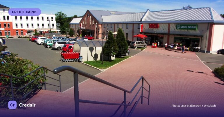 Modern retail buildings with a parking lot and stairs — cover photo for Credsir’s BOB Credit Cards guide